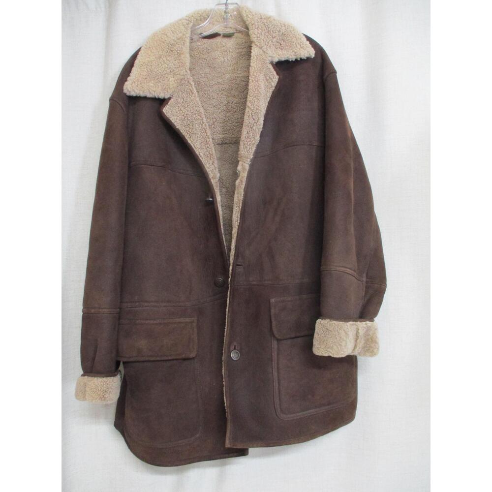 TIMBERLAND Dark Brown Winter Warm Wide Lapel leather Shearling  Jacket Coat L